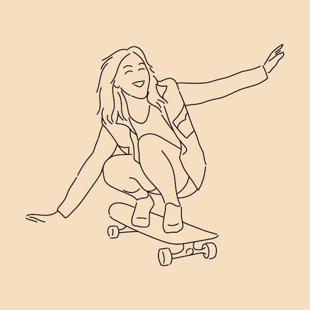 Niña de patineta dibujo de arte de línea Vector de contorno de boceto