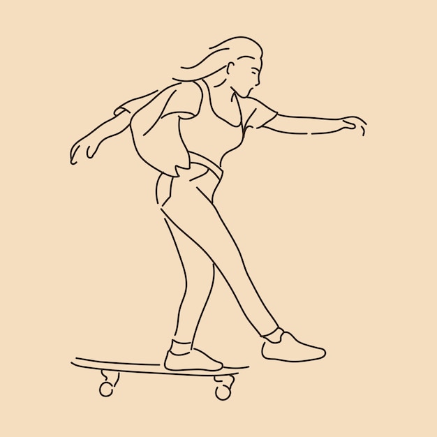 Niña de patineta dibujo de arte de línea Vector de contorno de boceto