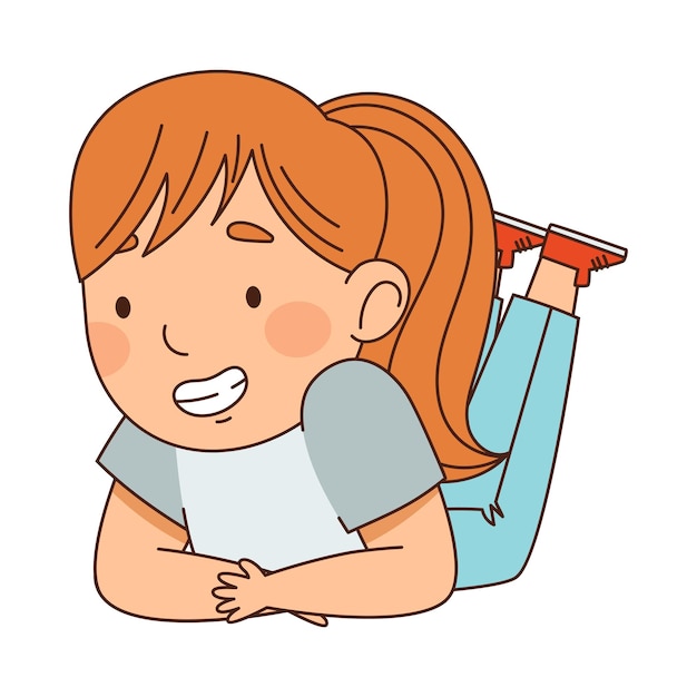 Niña pelirroja con cola de caballo acostada y mirando algo con interés Ilustración vectorial