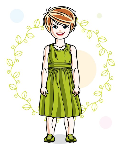 Niña pelirroja feliz posando en el fondo de la primavera con hojas verdes y usando ropa casual de moda. carácter vectorial.