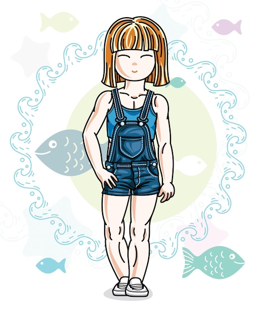 Niña pelirroja linda niña pequeña con ropa informal de pie en el fondo marino con océano y peces. Vector ilustración humana bastante agradable.