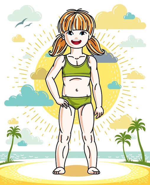 Niña pelirroja niño lindo de pie en la playa tropical con palmeras. Vector muy bonita ilustración humana. Tiempo de verano y tema de vacaciones.