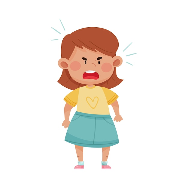 Vector niña de pelo corto con falda azul gritando de ira y mostrando una expresión feroz en su cara ilustración vectorial