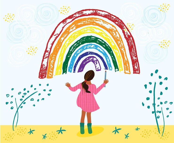 Vector niña pequeña afroamericana está dibujando arco iris niño pintando arco iris en el cielo ilustración de dibujos animados de vector dibujado a mano
