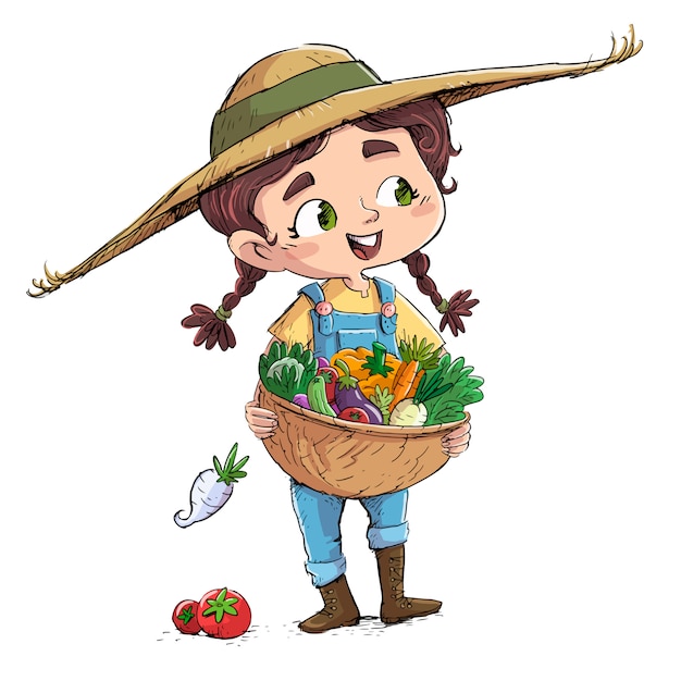 niña pequeña agricultor con verduras