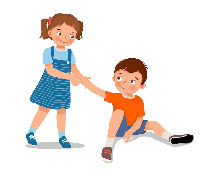 Vector niña pequeña ayudando a niño a ponerse de pie mostrando bondad