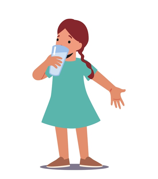 Niña pequeña bebiendo agua limpia leche o jugo carácter infantil disfrutando de una bebida fresca refresco de verano hidratación corporal