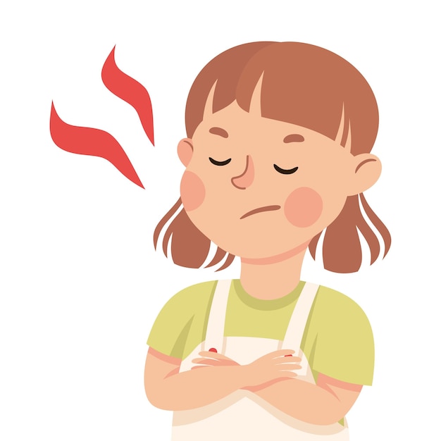 Niña pequeña demostrando expresión facial malhumorada y emoción Ilustración vectorial de ceño fruncido