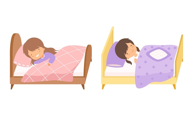 Niña pequeña durmiendo dulcemente en una almohada suave debajo de la manta en su cama Vector Set