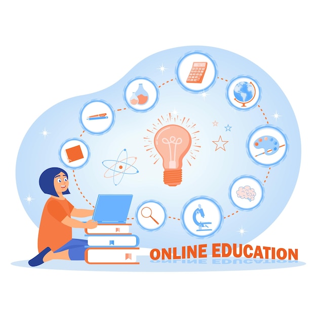 Niña pequeña estudiando en casa usando computadora portátil y libros Elementos educativos y software para el aprendizaje En línea Concepto de educación Ilustración vectorial plana