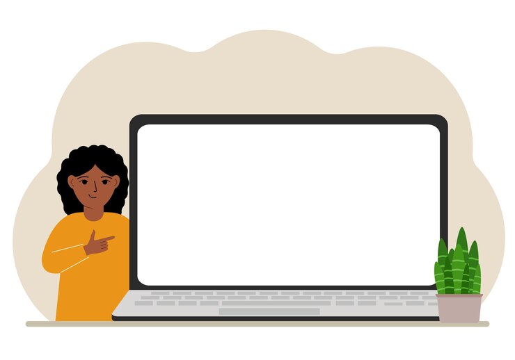 Vector una niña pequeña junto a una computadora portátil grande con mucho espacio para texto