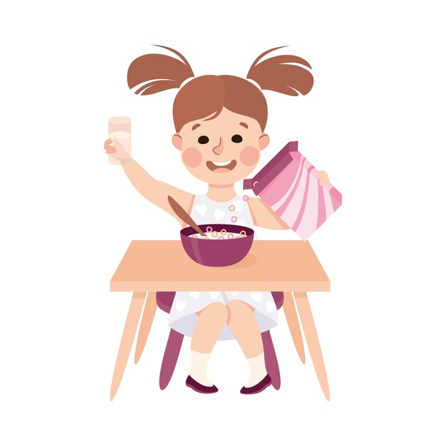 Niña pequeña en la mesa de la cocina comiendo gachas para el desayuno involucrada en la actividad diaria y la ilustración vectorial de rutina cotidiana