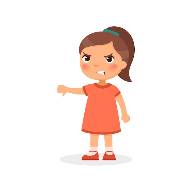 Niña pequeña mostrando el pulgar hacia abajo gesto niño molesto de pie solo persona emoción negativa