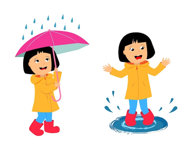 Vector una niña pequeña con un paraguas bajo las gotas de lluvia un niño camina afuera con un impermeable y botas