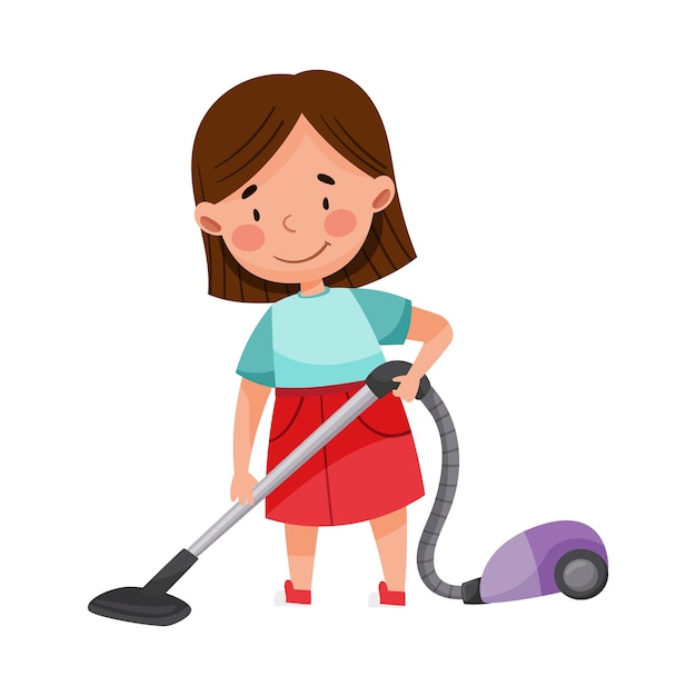 Niña pequeña de pie y aspirando el piso Ilustración vectorial