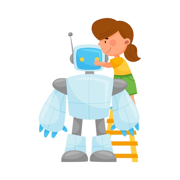 Niña pequeña de pie en la escalera y arreglando la ilustración vectorial del robot