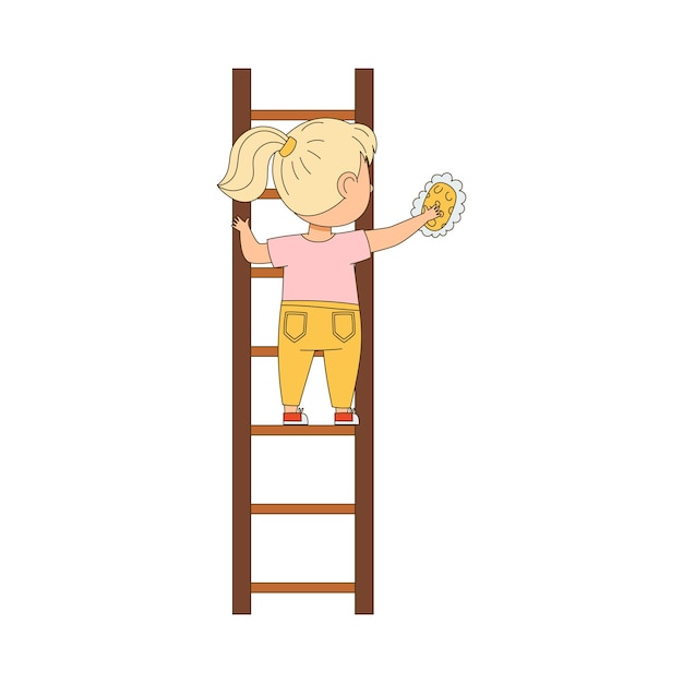 Niña pequeña de pie en una escalera con ilustración vectorial de esponja