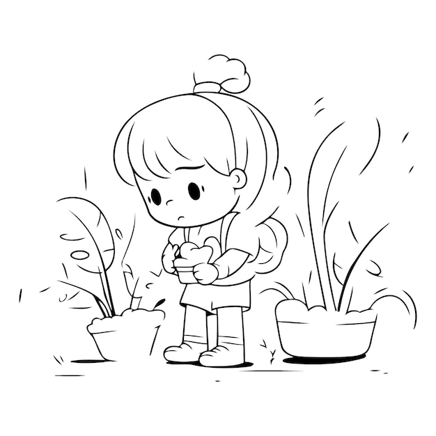 Niña pequeña y plantas en maceta Ilustración vectorial de dibujos animados