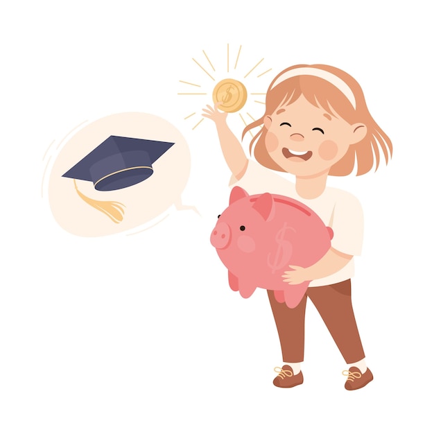 Niña pequeña poniendo moneda en la alcancía Engajada en educación económica y alfabetización financiera Aprendiendo a ahorrar e invertir dinero Ilustración vectorial