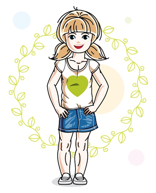 Niña pequeña rubia con ropa informal de moda posando sobre un fondo ecológico verde. Ilustración de vector de niño de pie.