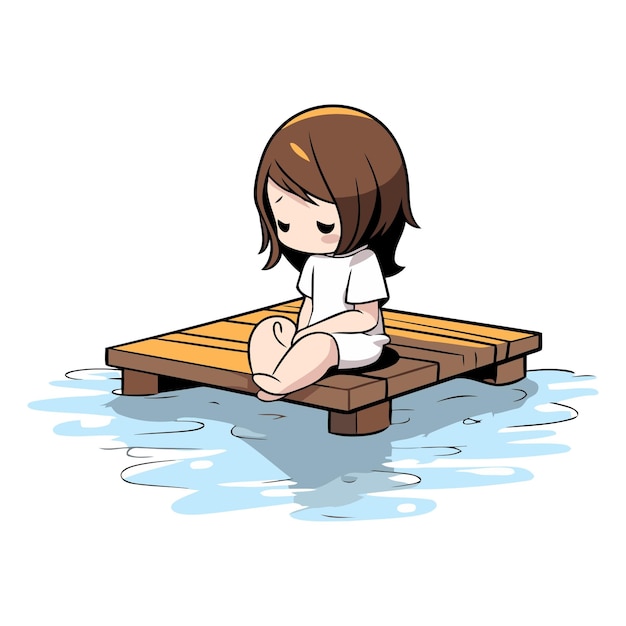 Vector niña pequeña sentada en un pontón en el agua