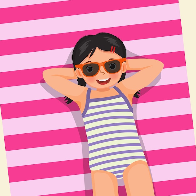 Vector niña pequeña con traje de baño y gafas de sol tirada en una toalla de playa divirtiéndose tomando el sol en verano