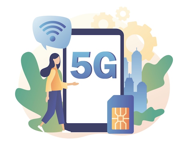 Una niña pequeña usa un teléfono inteligente con letras 5g en la pantalla tecnología inalámbrica de red 5g tarjeta sim