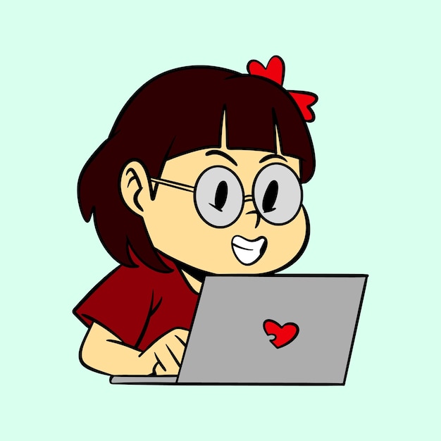 Niña pequeña usando una ilustración vectorial de portátil
