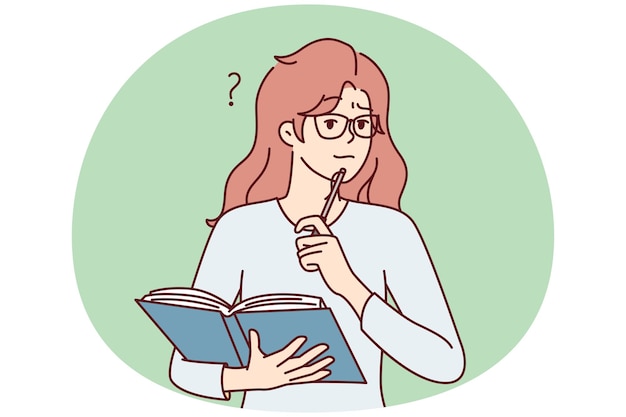 Niña perpleja estudiante camiseta casual de pie con el libro para prepararse para los exámenes imagen vectorial