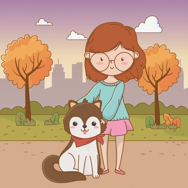 Niña con perro de dibujos animados