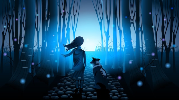 Vector niña con perro en el fondo del bosque misterioso