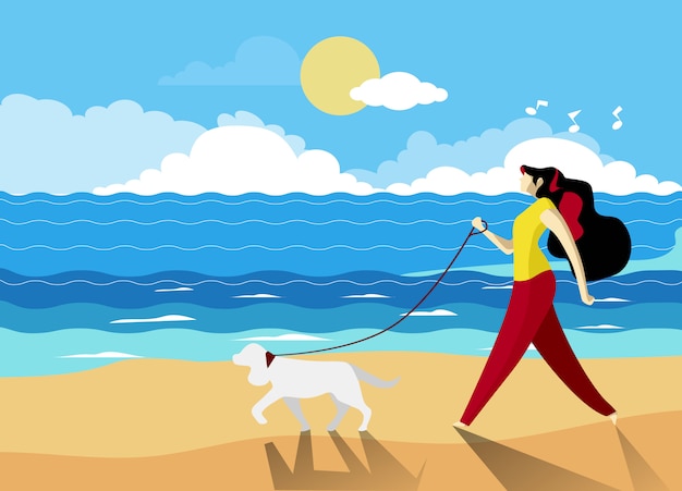 Vector una niña con un perro junto al mar, concepto de verano