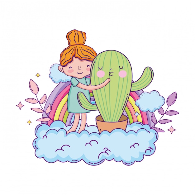 Niña con el personaje de cactus kawaii.