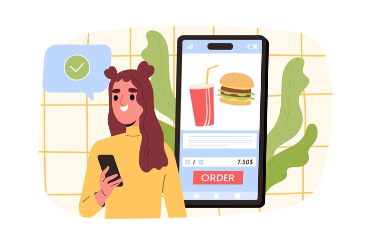 Vector niña pide comida en línea mujer con teléfono inteligente compra comida rápida y comida para llevar comiendo en línea catering y cafetería aplicación móvil ilustración vectorial plana de dibujos animados aislada sobre fondo blanco