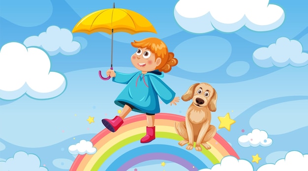 Una niña de pie en el arco iris con su perro.