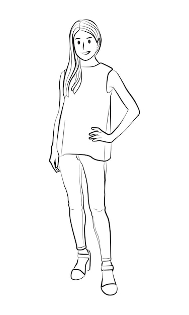 niña de pie pose personaje dibujos animados línea arte ilustración