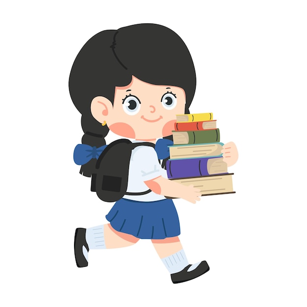 Niña con una pila de libros escolares