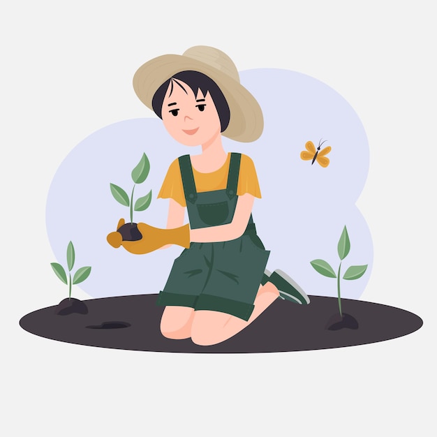 La niña planta plantas. Voluntarios para trabajar en el jardín o en el parque. El concepto de criar hijos para proteger la naturaleza.