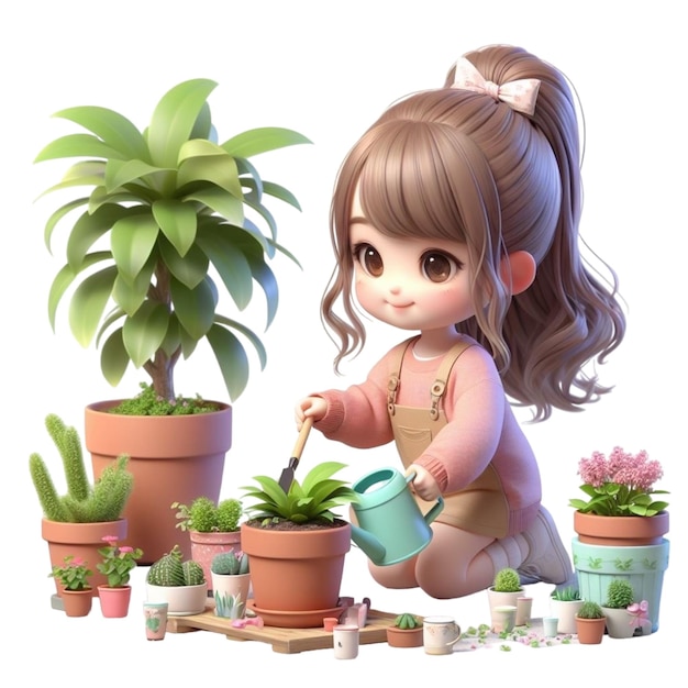 Niña plantando árboles dibujos animados del Día de la Tierra Ilustración de renderización en 3D