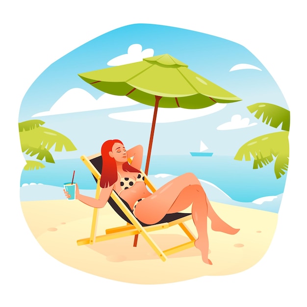 Una niña en la playa está tomando el sol en una tumbona Ilustración vectorial de dibujos animados