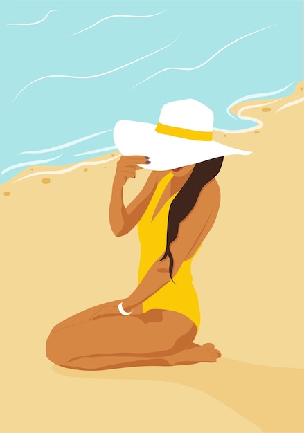 Niña, en la playa, un, mujer, en, un, traje de baño, verano, vector, ilustración