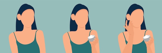 La niña pone la crema en su cara Una mujer con crema Ilustración vectorial moderna dibujada a mano