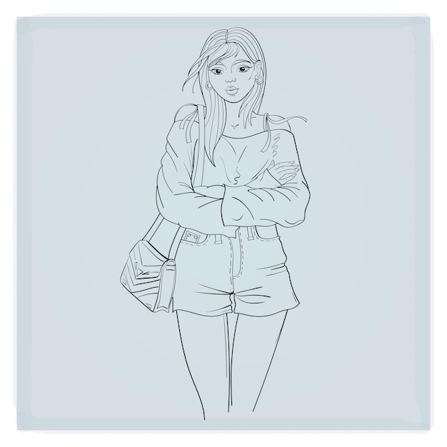 La niña se para en una pose con los brazos cruzados el viento balancea su cabello suéter de manga larga pantalones cortos monedero dibujo a mano esquema de boceto aislado ilustración vectorial