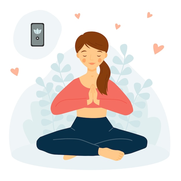 La niña practica yoga con teléfono Concepto de meditación Aplicación móvil de yoga Chica en postura de loto