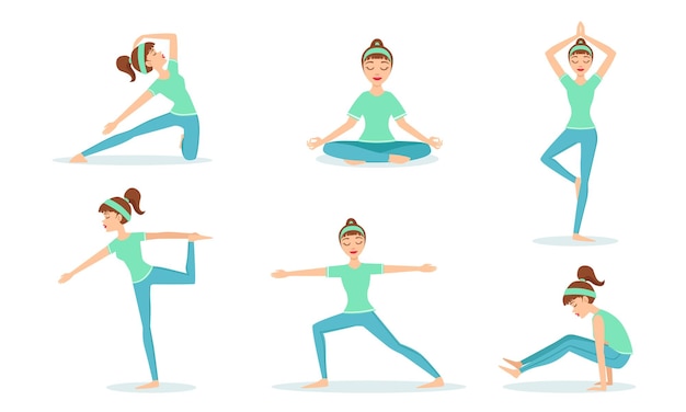 Vector niña practicando ejercicios de yoga set mujer joven realizando ejercicios físicos y demostrando varias posiciones de yoga ilustración vectorial