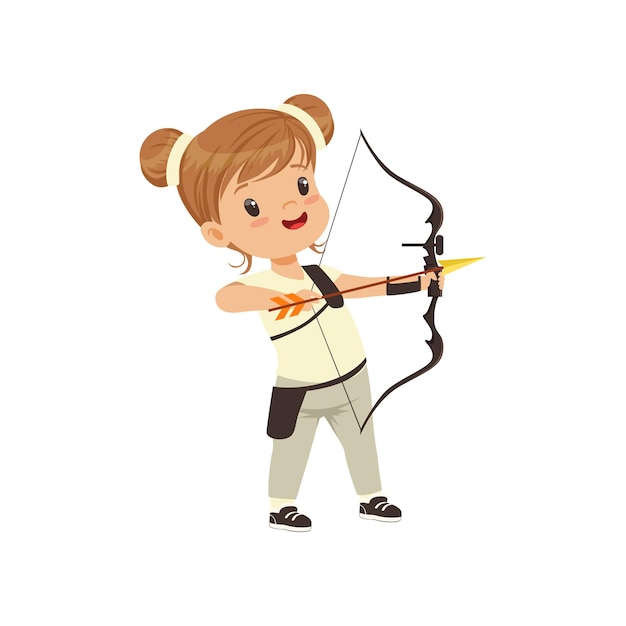 Niña practicando tiro con arco niños concepto de actividad física ilustración vectorial en un blanco