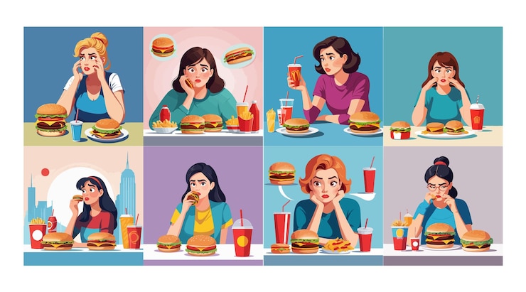 Vector niña preocupada por su apariencia comiendo comida rápida ilustración vectorial plana mujer de dibujos animados mirando hamburguesas y refrescos pensando en tener sobrepeso concepto de comida chatarra de salud de dieta