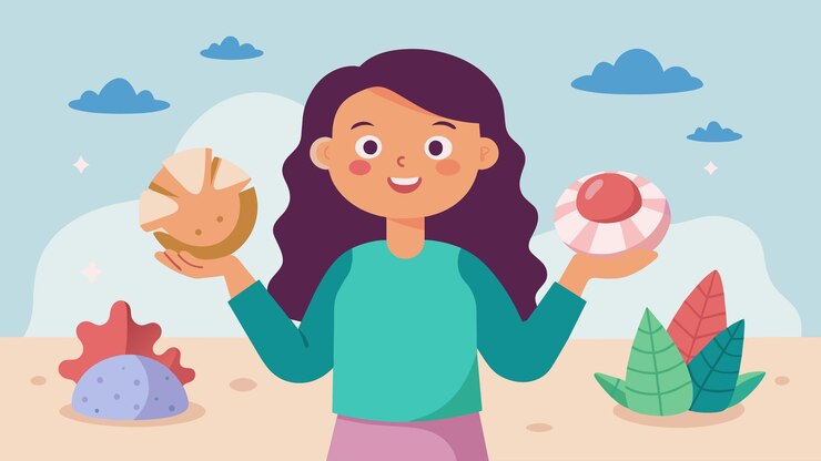 Vector una niña presenta con orgullo su colección de rocas y conchas explicando dónde encontró cada una y