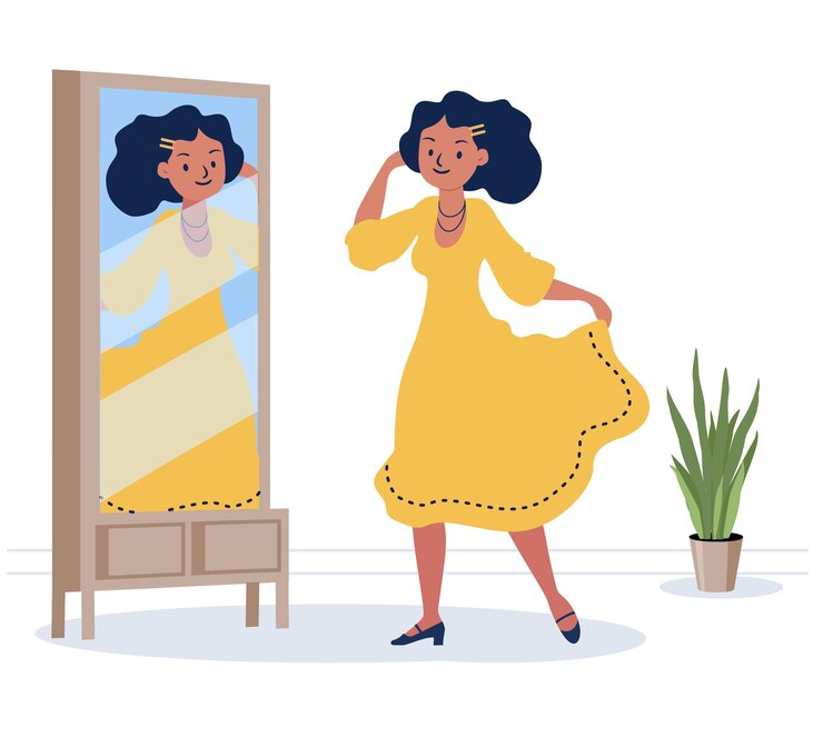 Vector niña probando un nuevo vestido mujer joven de pie frente al espejo mirando el reflejo mujer feliz