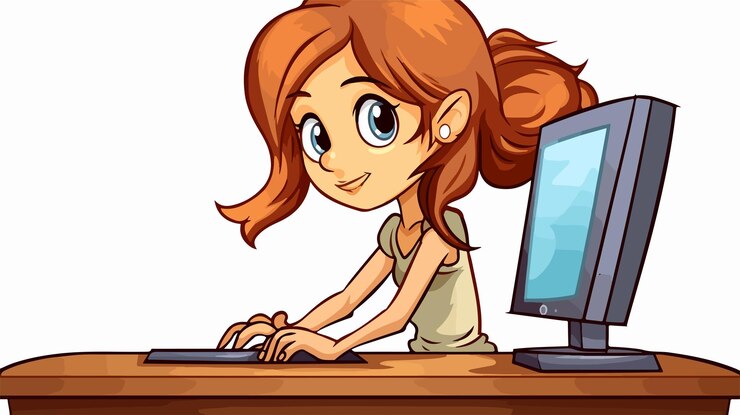 Vector niña profesional que utiliza la ilustración vectorial por computadora
